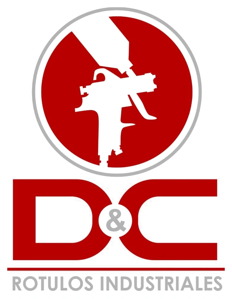 Logotipo original D&C Rótulos Industriales: emblema rojo con equipo de pintura y letras D&C